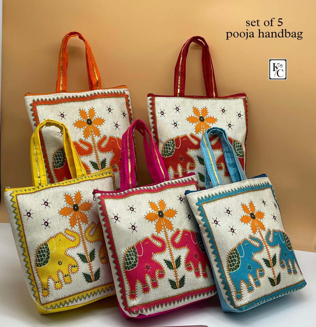 Pooja Bags with Ethnic Prints | Elephant Design Jute Handbag