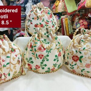 white potli bag with floral embroidery for festivals and wedding look pooja and party functions | Wedding Baby Shower Return Gift Potli Bags Pouches