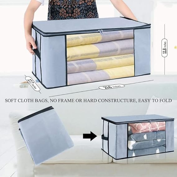 Foldable Underbed Storage Bag Wardrobe Organizer Blanket Storage Bag for Comforter Blanket Cover Saree Clothing Bedding with Transparent Window and Zip Closer 2pcs (Grey) - Image 2