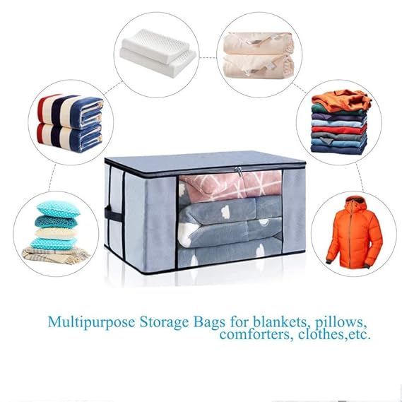 Foldable Underbed Storage Bag Wardrobe Organizer Blanket Storage Bag for Comforter Blanket Cover Saree Clothing Bedding with Transparent Window and Zip Closer 2pcs (Grey) - Image 3