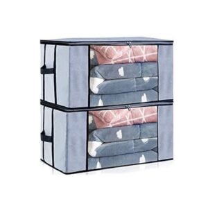 Foldable Underbed Storage Bag Wardrobe Organizer Blanket Storage Bag for Comforter Blanket Cover Saree Clothing Bedding with Transparent Window and Zip Closer 2pcs (Grey)