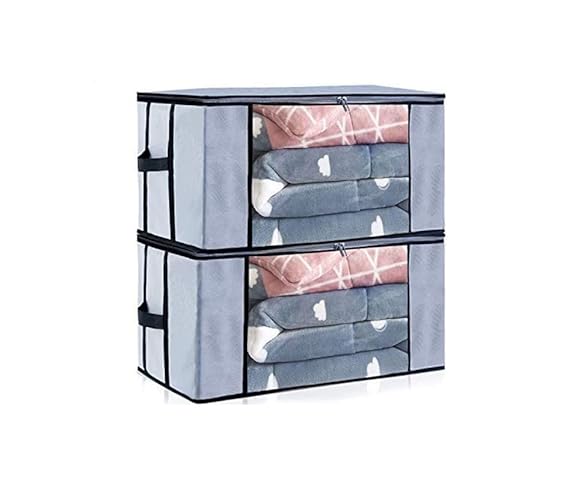 Foldable Underbed Storage Bag Wardrobe Organizer Blanket Storage Bag for Comforter Blanket Cover Saree Clothing Bedding with Transparent Window and Zip Closer 2pcs (Grey)