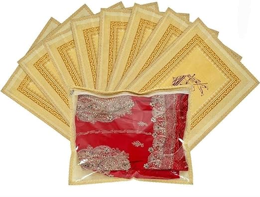 Large Golden Saree Cover Bag Traditional Printed Wardrobe Organizer, Storage Bag Golden color