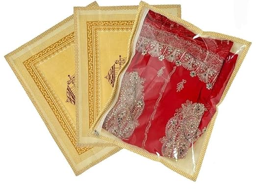 Large Golden Saree Cover Bag Traditional Printed Wardrobe Organizer, Storage Bag Golden color - Image 3