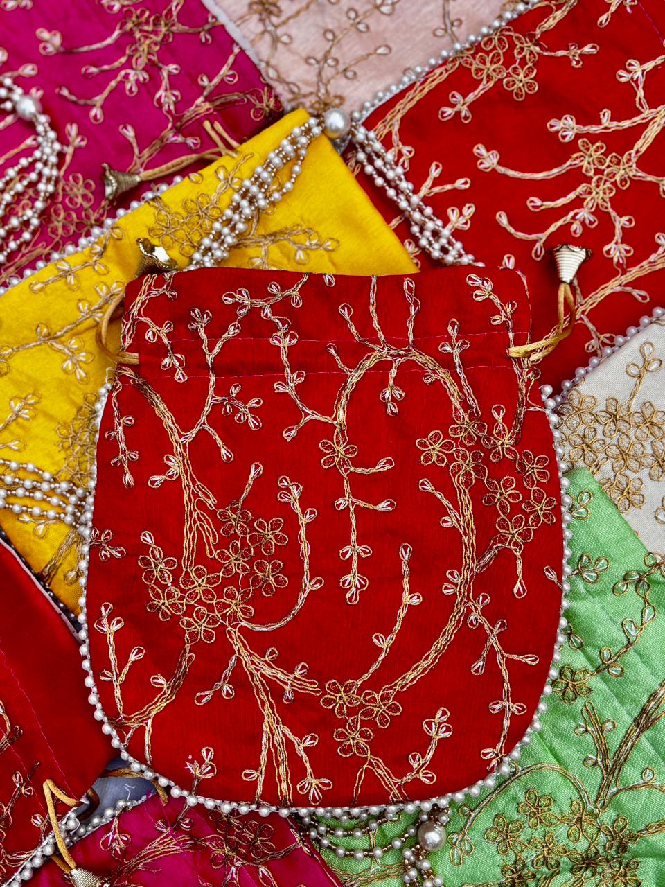 Angoori Design Dual-Side Embroidered Potli Bag with Pearl Handle – Perfect Wedding Favors - Image 2