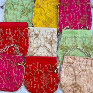 Angoori Design Dual-Side Embroidered Potli Bag with Pearl Handle – Perfect Wedding Favors