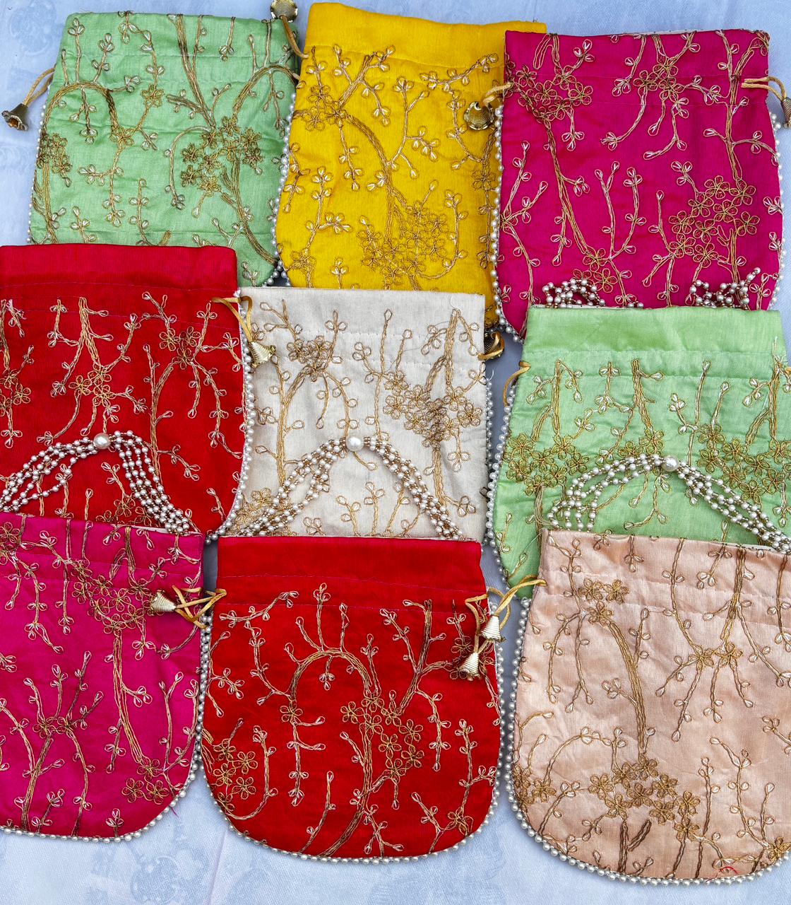 Angoori Design Dual-Side Embroidered Potli Bag with Pearl Handle – Perfect Wedding Favors