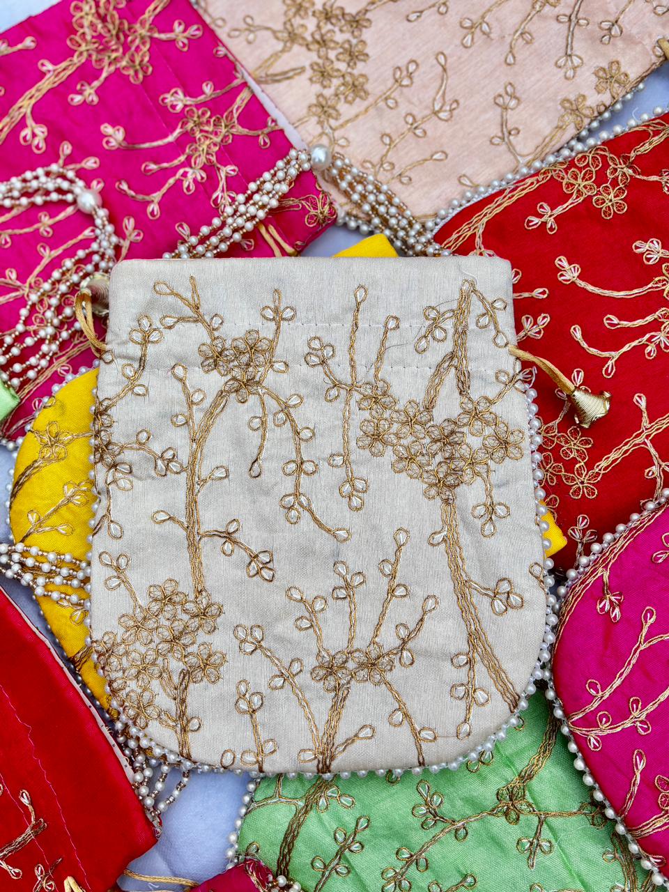 Angoori Design Dual-Side Embroidered Potli Bag with Pearl Handle – Perfect Wedding Favors - Image 5