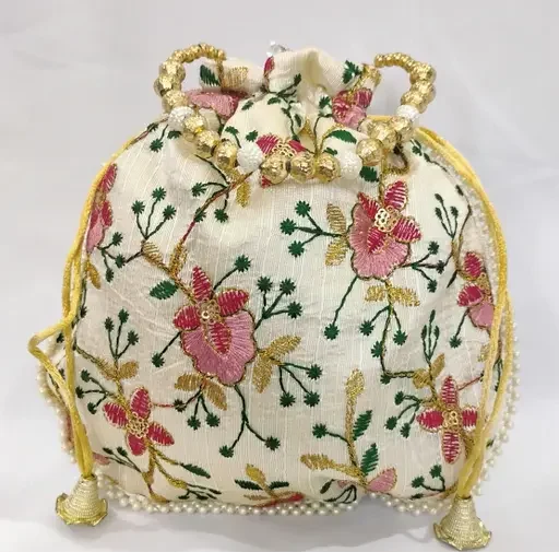 white potli bag with floral embroidery for festivals and wedding look pooja and party functions | Wedding Baby Shower Return Gift Potli Bags Pouches - Image 3