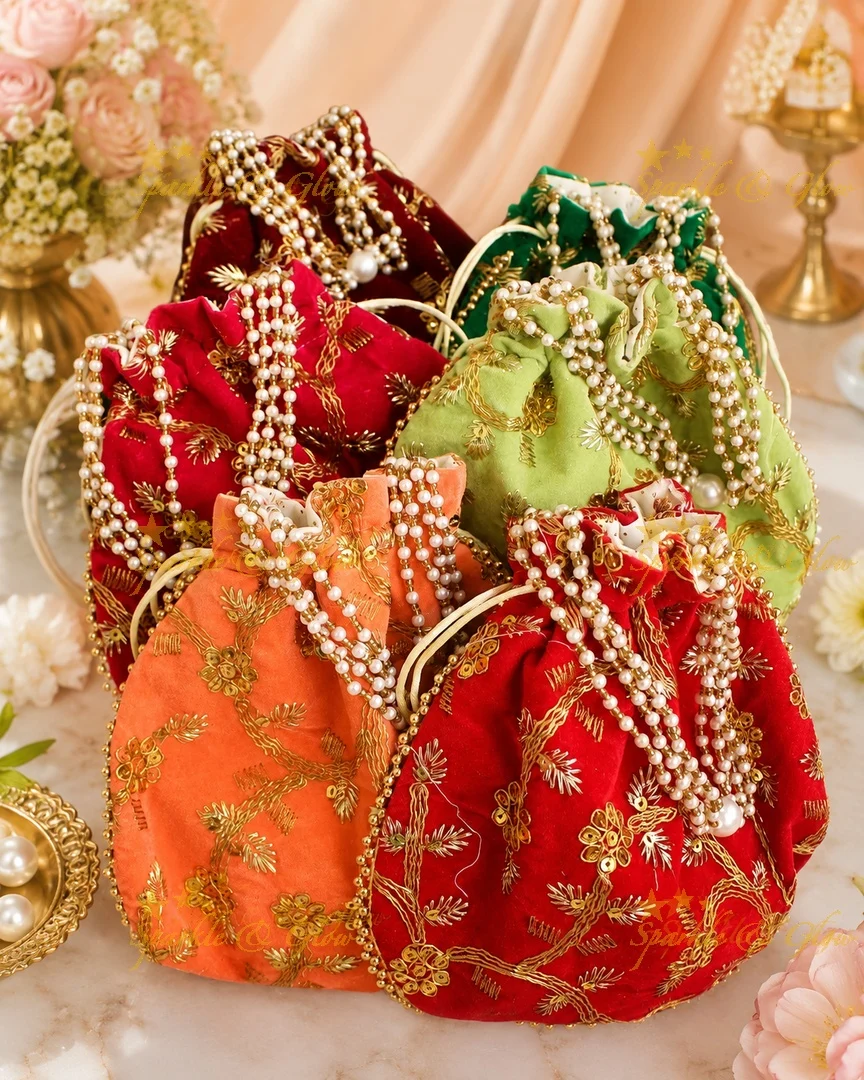 Velvet potli bags with sequin embroidery for wedding favours